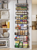 Delamu Adjustable Over the Door Pantry Organizer, 9-Tier Metal Pantry Organization and Storage for Kitchen, Hanging Spice Rack Seasoning Shelves, Cabinet Door Organizer for Easy Install, 16" Black by DELAMU