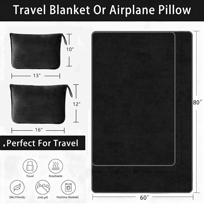 Travel Blanket Pillow, Soft Airplane Blanket 2-in-1, Travel Blanket Airplane Compact with Bag, Travel Essentials Accessories for Plane and Car,60x40 Black - Image 3
