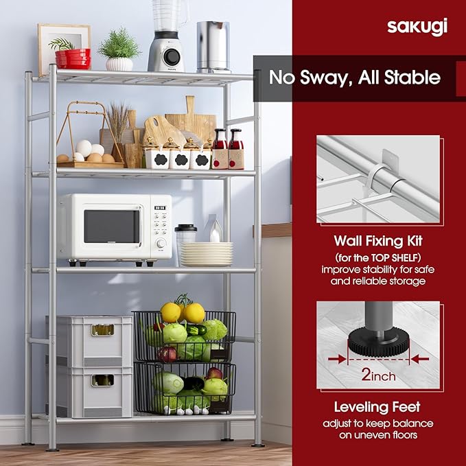 Sakugi Storage Shelves - 4 Tier Shelf Organizer, Heavy Duty Garage Shelving Unit with Leveling Feet, Stable Metal Shelves Organizer for Pantry, Kitchen and Closet, 33.0" W x 12.6" D x 57.2" H, Silver - Image 5