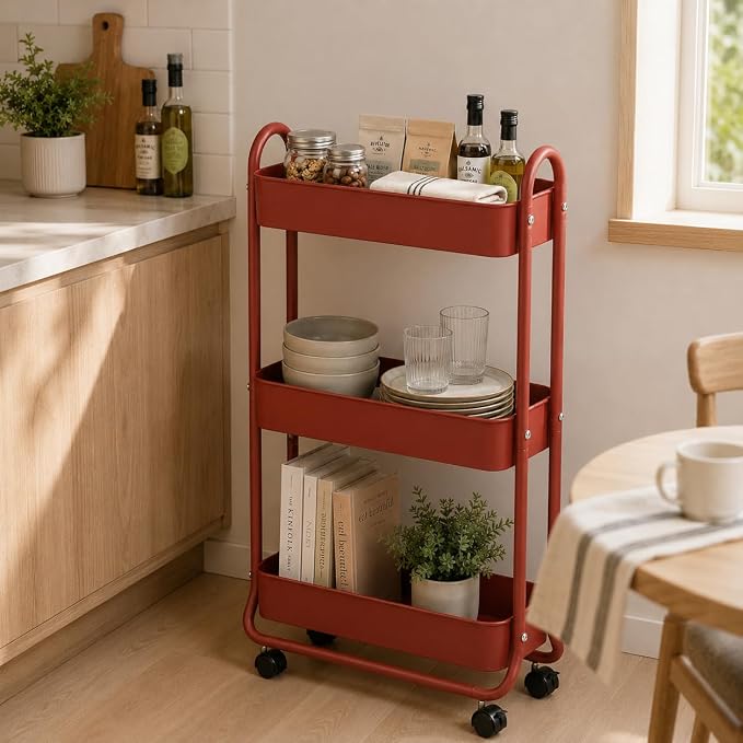 SunnyPoint Slim Rolling Storage Cart, 3 Tier Bathroom Storage Organizer Bathroom, Laundry Utility Cart (RED) - Image 2