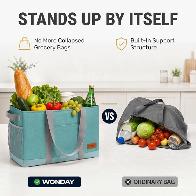 WONDAY X-Large Utility Tote Bag, Standing Reusable Grocery Bag | 22x11x13.5in, 50L capacity, holds 100lbs, collapsible, fabric with leather bottom, for beach travel storage - Image 3
