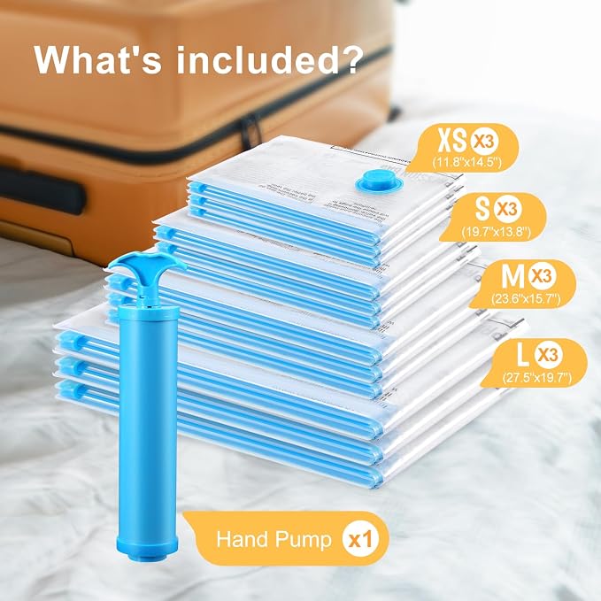 UPGOGO Vacuum Bags for Travel, 12 Pack with Hand Pump, Space Saver Vacuum Storage Bags, Travel Essentials, Clothes, Blankets, Pillows - Image 2