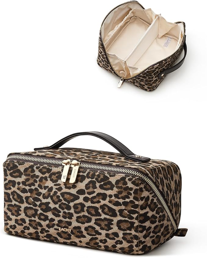 EACHY Travel Makeup Bag for Women, Flat Open Leopard Print Cosmetic Bag | Leopard-print PU leather cosmetic bag opens flat with dividers and clear TPU brush pocket for makeup and travel essentials - Image 6