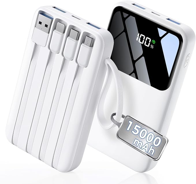 15000mAh Portable Charger Power Bank, Smaller Built-in 4 Cables White | 22.5W 50% More Capacity, 45% Smaller, Slim Travel Essential Battery Pack, 30-Min Fast Charge to 50% for iPhone/Samsung by Unknown