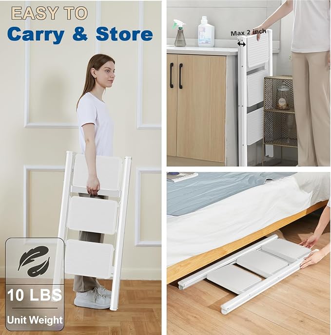Double Elite Step Ladder 3 Step Folding, Sturdy 330 Lbs Load Step Stool for Adults, Safer Full Steel Kitchen Closet Ladder for Home, Multi-use Small Step Stool Ladder with Anti-Slip Wide Pedals, White - Image 4