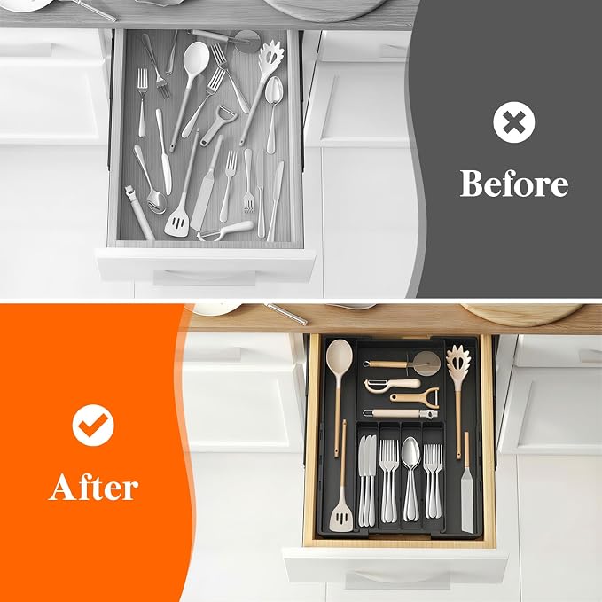 Lifewit Silverware Drawer Organizer, Expandable Utensil Tray for Kitchen | BPA Free Adjustable Flatware and Cutlery Holder, Plastic Storage for Spoons Forks Knives, 8.9-14.2 x 11.3-19.4 x 1.7, Black - Image 8