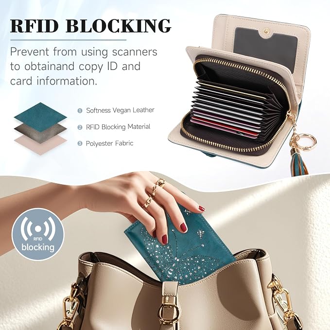 KITEVIUN Women RFID Blocking Small Bifold Wallet, Compact Cash Clutch with Zipper Coin Pocket, Glittery Butterfly Design, Credit Card Holder, Travel Purse with Tassel PEACOCK-BLUE - Image 6