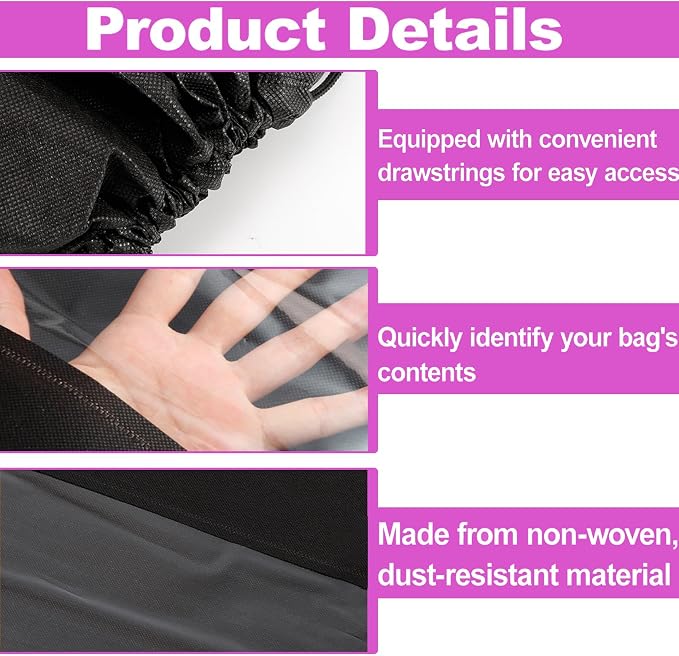 12Pcs Shoe Bags for Travel, Dust Bags for Handbags in 4 Size, Black | Dustproof Drawstring Bags, Breathable Non Woven Fabric Storage Bag for Handbags Shoes Purses - Image 4