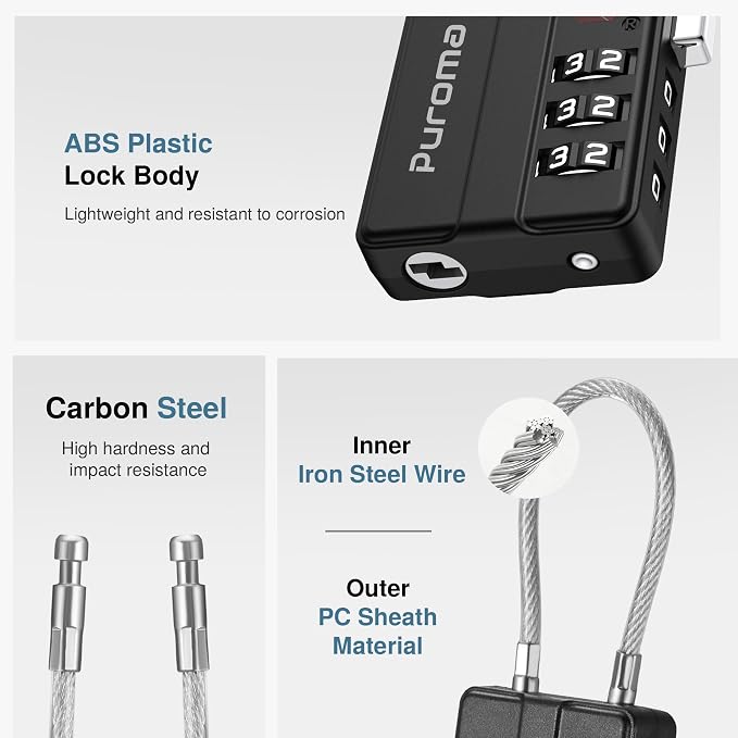 Puroma 2 Pack TSA Locks for Luggage Lightweight 4 Digit Code Padlock Black | TSA Approved, Resettable, Flexible Cable, Zipper holes, Bright Color, Large White Numbers, for Train Travel Suitcase Backpack - Image 4