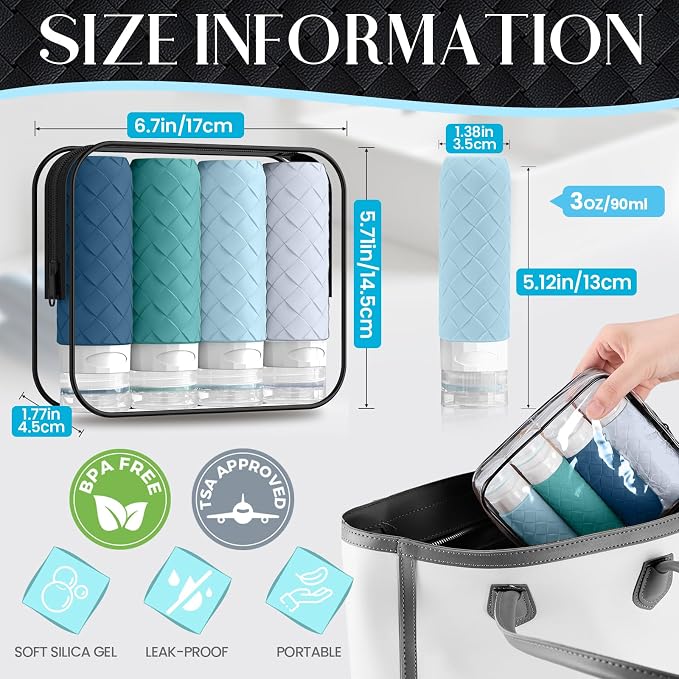 Silevoler Travel Bottles for Toiletries, TSA-Approved Travel Size Container | Woven Pattern BPA Free Silicone Leak Proof Refillable Liqus Shampoo And Conditioner Essentials Toiletry Bottles(Mint Greeen) - Image 3