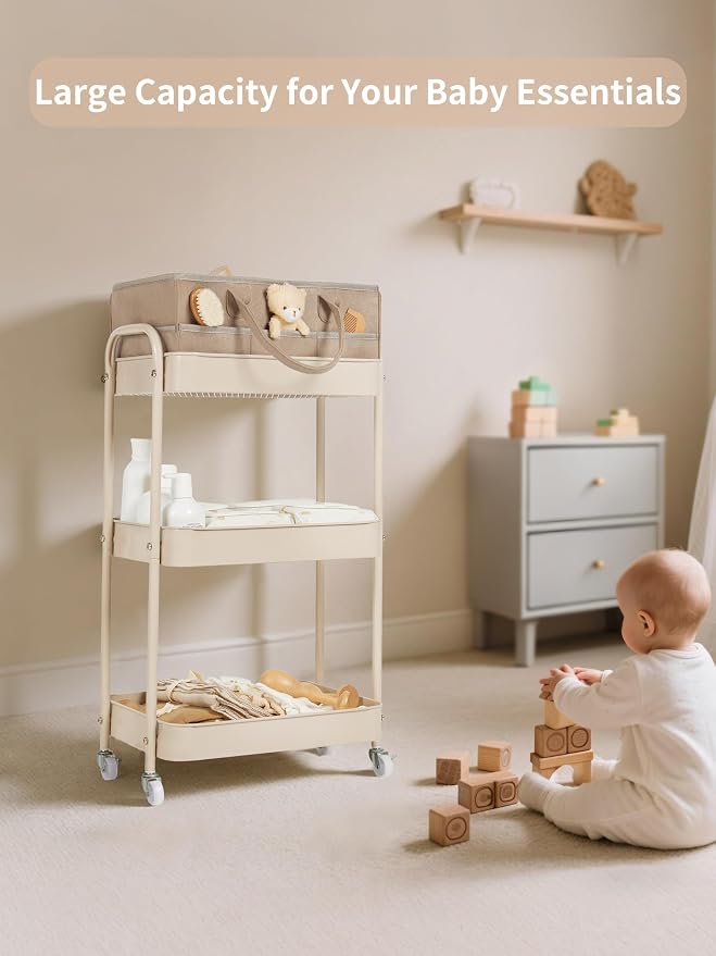 Baby Diaper Caddy, 3 Tier Rolling Cart for Baby Essentials, Taupe | Diaper Cart with Detachable Dividers, Nursery Storage & Bottle Organizer, Bedside Caddy for Bedroom and Living Room - Image 2