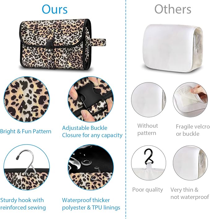 FINTIE Portable Toiletry Cosmetic Travel Bag Hanging Makeup Organizer | Large Water Resistant Storage Pouch Case, For Women Girls, Leopard - Image 4