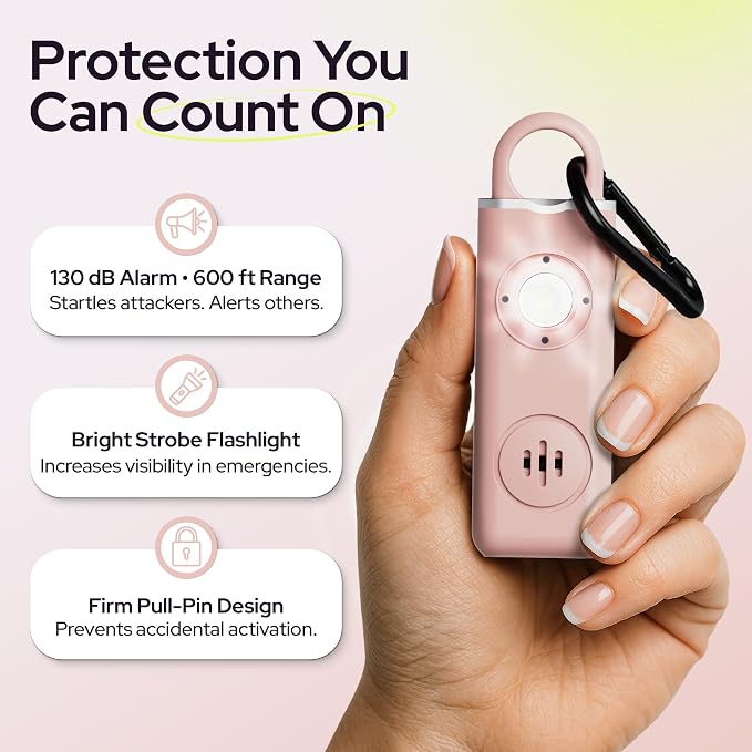 Rechargeable Personal Alarm Keychain for Women, 130dB, USB-C Charging, Pink | 130dB Loud Siren, LED Light, Carabiner Clip, Low Battery Alert, TSA Safe, Self Defense Whistle Alternative - Image 2
