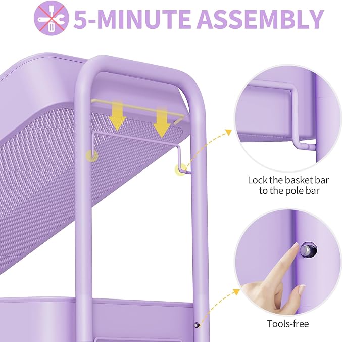 TOOLF 4 Tier Metal Rolling Cart, Utility Storage Cart with Wheels, Purple | Screwless Assembly, Lockable Metal Wheels, Trolley Organizer for Bathroom, Kitchen, Office, Dorm, Laundry, Craft Room - Image 4