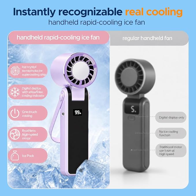 QearFun Portable Handheld Fan With Ice Cooling, 3-In-1 Rechargeable Personal Fan, 5-Speed Settings (1–199), Compact Pocket Fan Ideal For Travel, Outdoor Activities, Home, And Office (purple) - Image 4