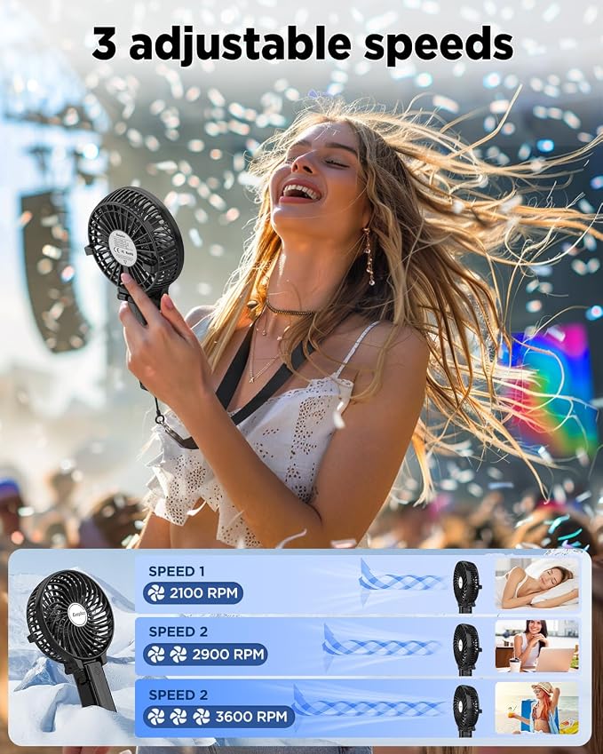 EasyAcc Portable Rechargeable Handheld Fan, Ultra Quiet, 180° Foldable, Up to 10 Hours, 3 Speeds, Personal Fan with Built-in Battery for Home, Travel, Outdoor, Office, Black - Image 4