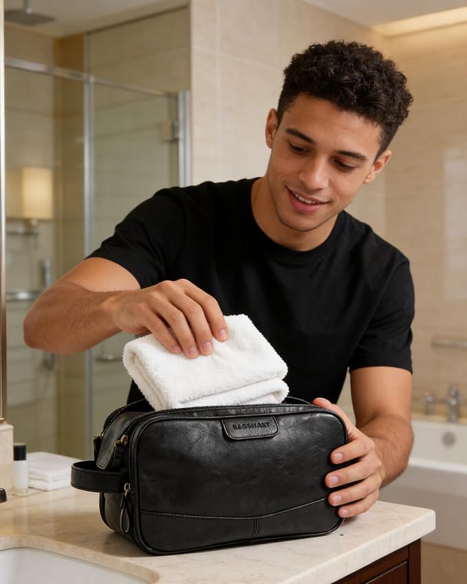 BAGSMART Large Toiletry Bag for Men, PU Leather Water Resistant, Black | High-gloss, Travel Bag for Toiletries, Dopp Kit, Shaving Bag for Bathroom Shower - Image 7