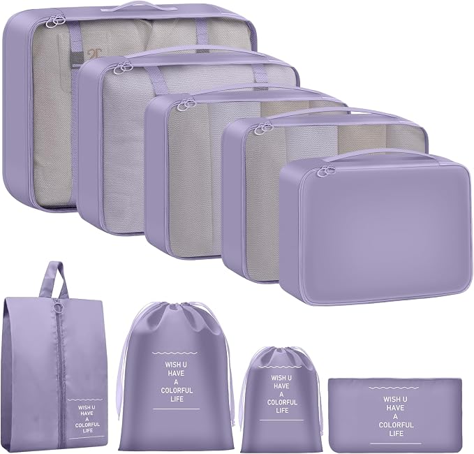 9 Set Packing Cubes for Travel Essentials - Lightweight Carry-On Luggage Organizer Bags with Shoe, Clothes & Laundry Bags for Airplane, Family & Business Travel, Purple by Unknown