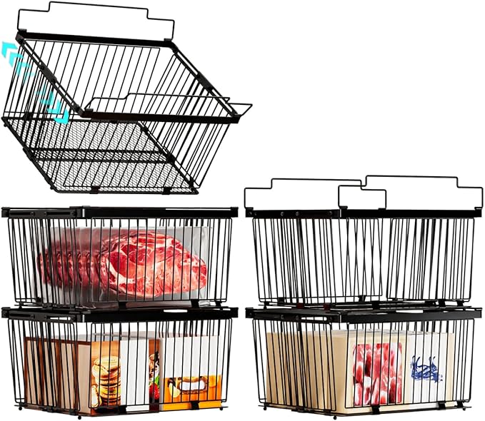 Large Freezer Organizer Bins for 5 to 9 Cu.Ft,Leak-Proof Bottom，5Pack | ANJUBANFreezer Organizer Bins, Stackable,expandable,foldable,With handle Wire Storage Container Baskets for Sort Frozen Meats by ANJUBAN