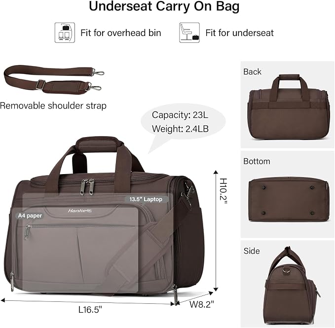 Hanke Small Underseat Carry On Luggage Bags for Travel with 10 Pockets. | Airline Approved Foldable Personal Bag w/ Luggage Sleeve; Tote Duffle & Bento Bag, Flight Attendant Weekender for Men & Women - Image 2