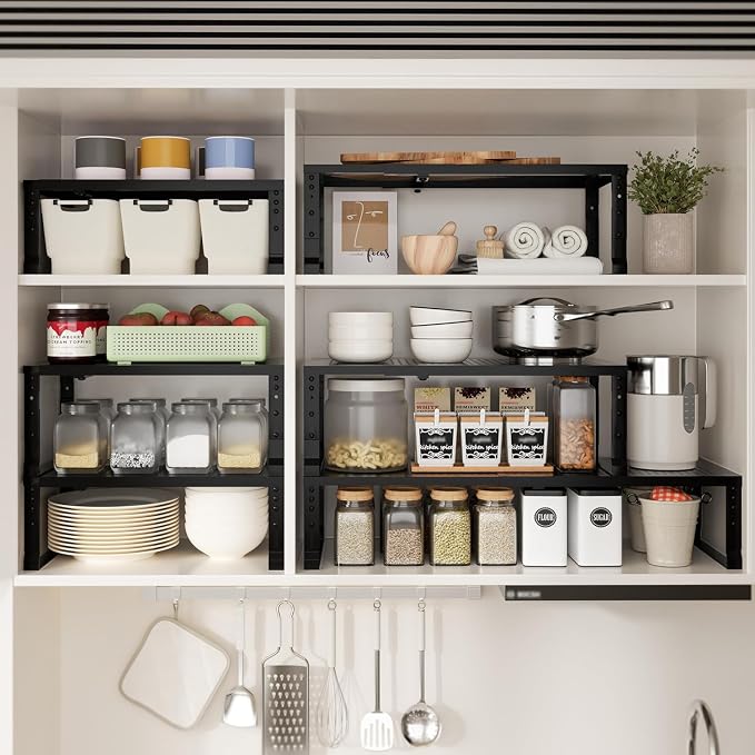 Expandable Spice Rack & Kitchen Cabinet Organizer - Stackable, Adjustable Shelves for Cabinets, Countertops, Cupboards & Pantries(2 Packs/Medium/Black) - Image 6