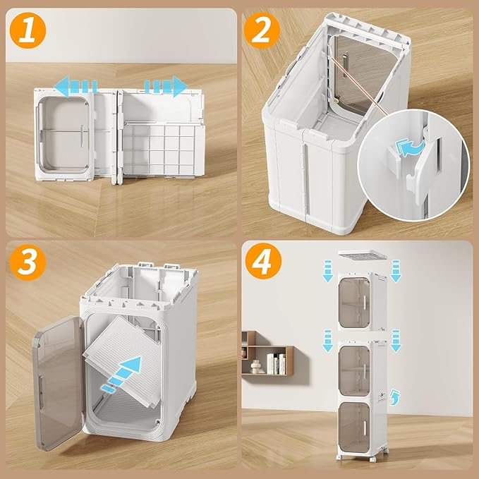 3 Tier Slim Bathroom Storage Cabinet, Foldable and Movable, White | Tools Free, ABS and PET, Magnetic Clear Door, Adjustable Shelves, Lockable Wheels, Water Resistant, For Narrow Space - Image 4
