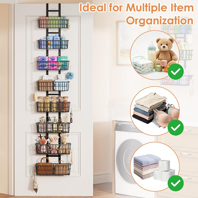 Hongtamoya 8 Tier Over The Door Organizer, Adjustable Hanging Door Organizer with 8 Wire Baskets 6 Hooks, Behind The Door Storage for Pantry Closet Bedroom Bathroom Cabinet Kitchen Laundry Room, Black - Image 9