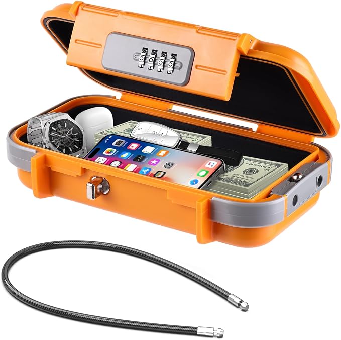 Portable Safe Box with Code, [Waterproof Anti-Theft ]Travel Safe, Combination Security Case Lock Box with Removable Wire Rope, for Home, Cars, Office, Vacation (Orange) by Hurinan