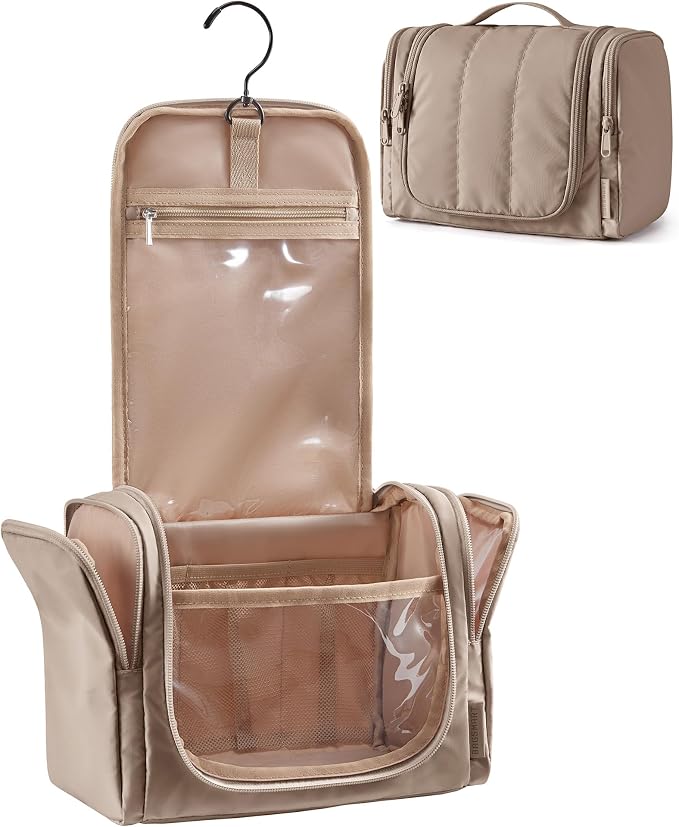 BAGSMART Travel Toiletry Bag for Women, Puffy Hanging Toiletry Bag with Hook, Water-resistant Toiletry Organizer for Full Sized Toiletries (Brown) by BAGSMART