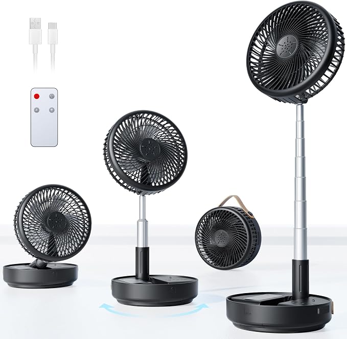 Portable Oscillating Travel Fan, 10400mAh Rechargeable Battery with Remote | Foldable, Floor Table Desk Fan ,8H Timer, 4 Speed Settings Pedestal Fan for Home Bedroom Sleeping Camping Cruise, Black 8" by Primelove
