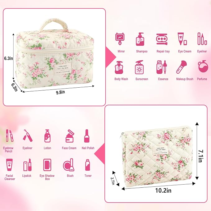 URSKYTOUS 2Pcs Cotton Quilted Makeup Bag for Women Extra Large Small Travel Cosmetic Bag Set Cute Pink Floral Print Makeup Pouch Portable Toiletry Bag Organizer Coquette Vintage Puffy Travel Essential - Image 3
