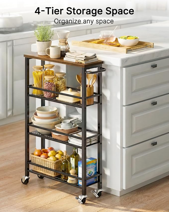 Pipishell Slim Storage Cart with Wheels - 4 Tier Rolling Kitchen Storage Cart with Handle and Wood Top, Metal Slim Bathroom Cart for Laundry Room, Bathroom, Kitchen, Narrow Space, Black & Rustic Brown - Image 7