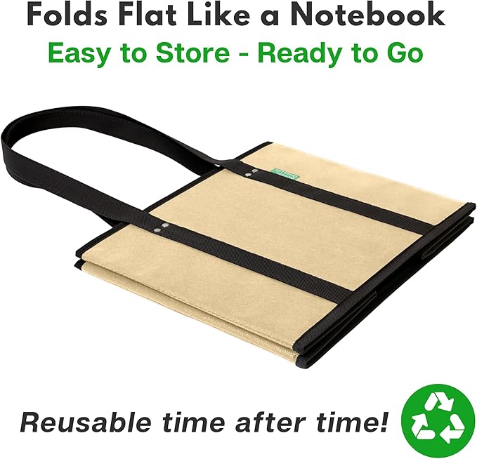 Reusable Grocery Bags (3 Pack) – Heavy Duty Reusable Shopping Bags for Groceries with Box Shape to Stand Up, Stay Open, Fold Flat – Large Tote-Bag is Foldable with Long Handles & Hard Bottom (Beige) - Image 6