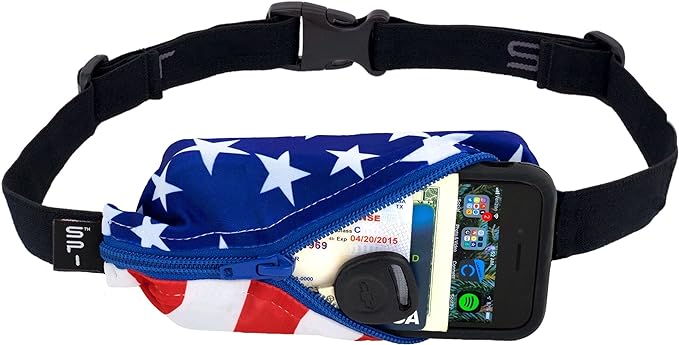 SPIbelt Running Belt Original for Women Men, Phone Holder for Running, Running Fanny Pack, Holder for Phone, Running Waist Pack, Adjustable Waist, [Fits All Phones]. Stars and Stripes with Blue Zipper by SPIbelt