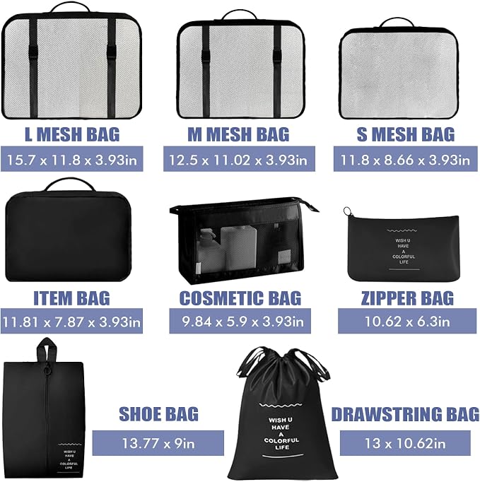 8 Set Packing Cubes for Suitcases, INVODA Travel Luggage Packing Organizers with Laundry Bag, Compression Storage Shoe Bag, Clothing Underwear Bag (Black) - Image 2