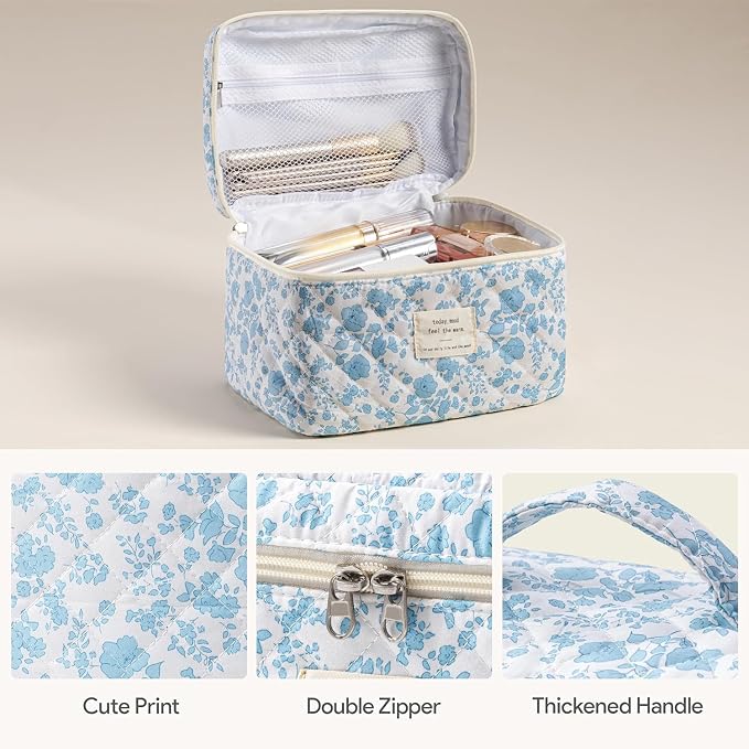 HBselect Quilted Makeup Bag, 3Pcs Cotton Large Travel Makeup Bags Organizer | Cute Floral Make up Bag Cosmetic Bag Toiletry Bag for Women Girls, Makeup Pouch for Skincare, Brushes & Travel Essentials - Image 2