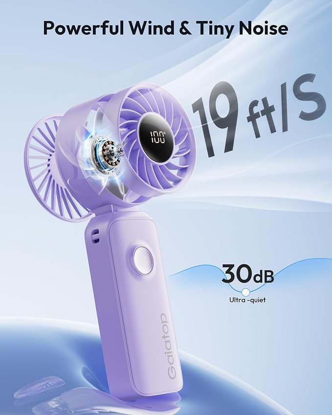Gaiatop Portable Handheld Fan, Quiet 3 IN 1 Neck/Desk/Hand Fan | Max 18 Working Hours, 5 Speed Rechargeable Battery, Cooling for Travel, Beach, Women/Men Outdoor Activities Gifts Purple - Image 3