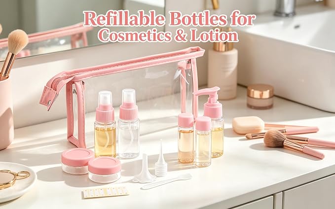 11-Pack Pink Travel Bottles Kit, TSA Approved Leak Proof Portable Toiletry Containers Set, Clear PET Flight Size Cosmetic Containers for Lotion, Shampoo, Cream, Soap - Image 2