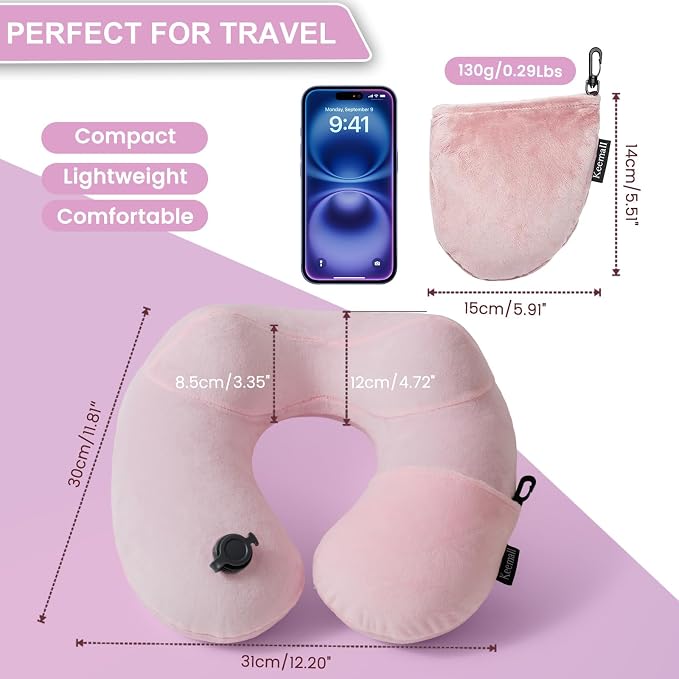 Keemall Inflatable Travel Neck & Shoulder Pillow for Airplanes&Long Trips | Soft Luxury Velvet Neck Support with Washable Cover, for Flights, Camping & Office, Great Travel Gift for Women & Girls, Pink - Image 8