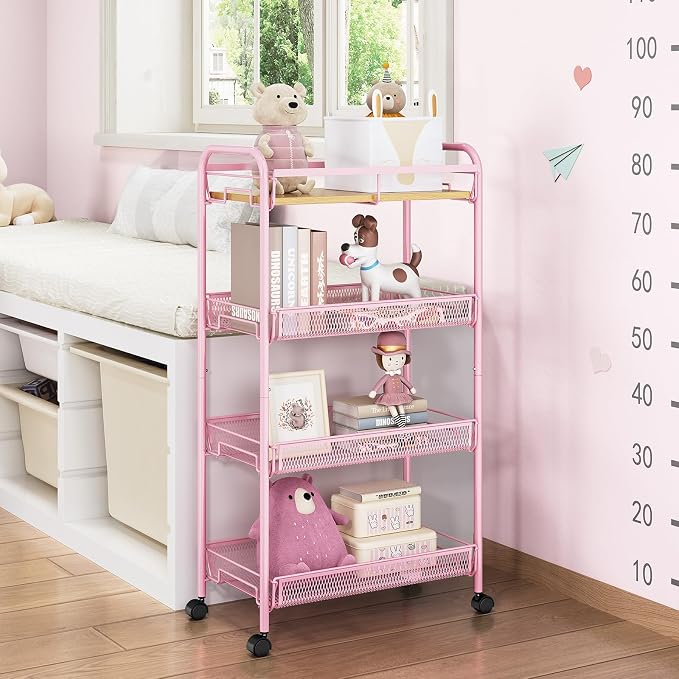 TOOLF 4-Tier Rolling Cart, Metal Utility Cart, Slide Out Storage Cart with Wooden Tabletop and Mesh Baskets, Easy Assemble Trolley for Kitchen Bathroom Laundry Room Bedroom Apartments Dormitory - Image 7