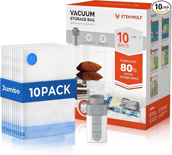 ETENWOLF 10 Jumbo Vacuum Storage Bags for Travel with Wireless Pump | Vacuum Seal Bags for Clothing Travel, Compression Packing Bags for Clothes and Blankets, Space Saver Bags in Carry-On Sizes by ETENWOLF