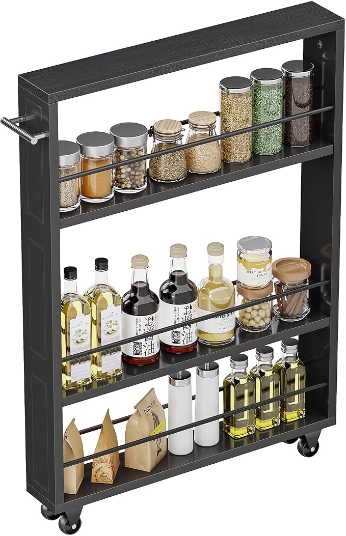 KLM Rolling Storage Cart 4-Tier Black Kitchen Cart with Wheels, Slim Storage Cart with Handle Slide Out Utility Cart Shelving Unit Organizer Trolley for Laundry Narrow Places Bathroom Small Corner - Image 4