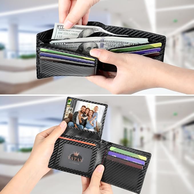 VATAN Wallet for Men Slim RFID Blocking Leather Credit Card Holder Wallet for 15 Cards, Bifold Minimalist Thin Wallet with 2 ID Windows & Cash Slot, With Gift Box (Carbon Fiber Black) - Image 3