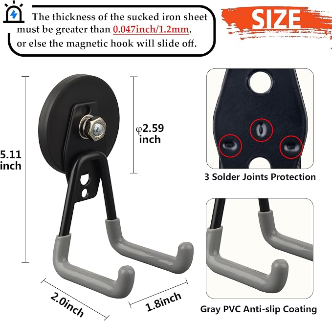 ULIBERMAGNET Heavy Duty Magnetic Hooks,Strong Large Magnet Hooks for Power Drill,Garden Tools, Hose,Pegboard,Garage, Workshop,2 Pack Magnetic Storage Hooks for Indoor Outdoor Hanging(Gray) - Image 2