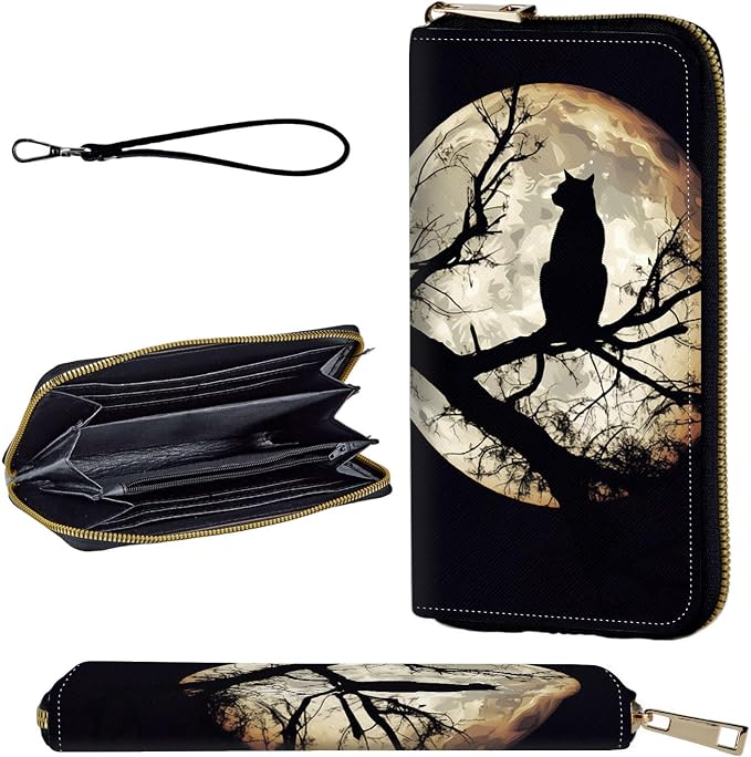 Wallet,Leather Long Wallet Suitable For Ladies And Teenagers - Detachable Wristband + RFID Travel Wallet With Card Slot - Cat and Moon by Unknown