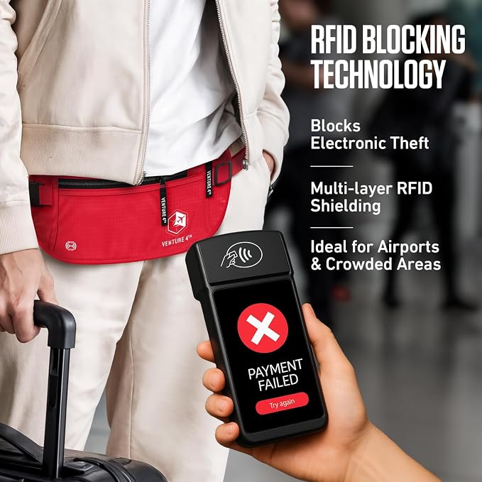 VENTURE 4TH Travel Money Belt, RFID Blocking Passport Holder - Red - Image 2