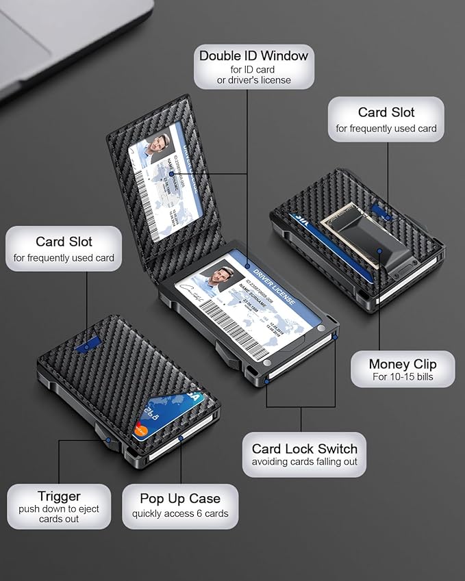 Wallet for Men RFID Wallet with 2 ID Windows & Money Clip, Slim Pop Up Card Holder for 10-12 Cards, Bifold Minimalist Smart Wallet for Front Pocket, Compact Metal Credit Card Holder, Gifts for Men - Image 6