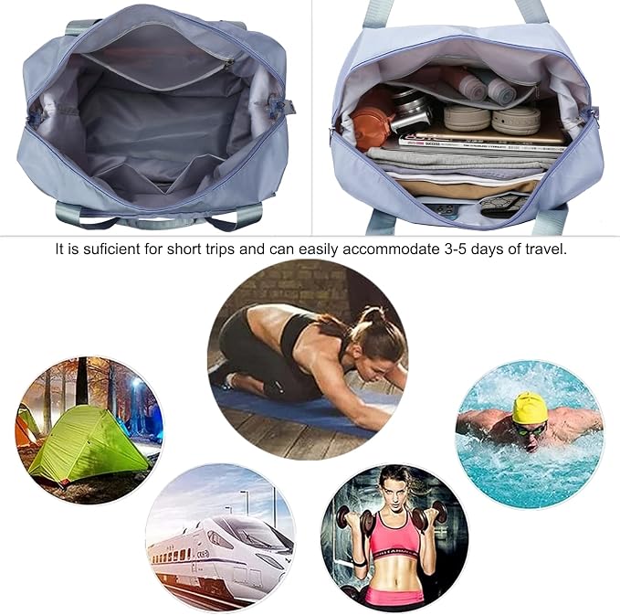 Large Capacity Folding Travel Bag, Lightweight Waterproof Luggage Bag, Expandable Travel Duffel Bag, Dry Wet Separated Gym Tote Bag, Weekender Overnight Bags for Women and Man (Blue) - Image 6
