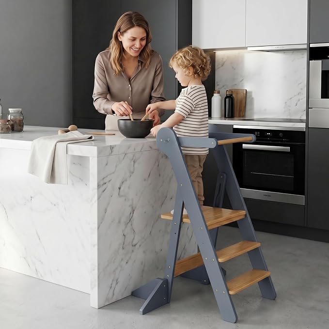 COSYLAND Toddler Standing Tower Foldable Toddler Kitchen Step Stool | Adjustable Height Folding Step Stool for Kids Learning and Cooking - Ages 18 Months to 6 Years with Safety Net Natural & Grey - Image 9