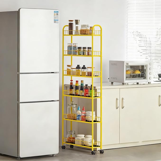 6-Tier Slim Storage Cart with Wheels, Metal 6in Narrow Rolling Shelf, Sturdy Slim Storage with Hooks Ideal for Kitchen, Bathroom, and Laundry Room, Yellow - Image 2